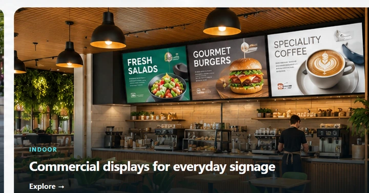 Indoor commercial digital menu boards in a modern cafe