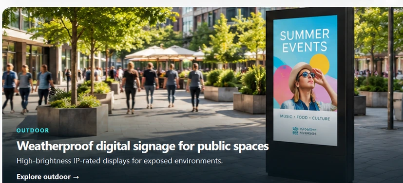 Outdoor digital signage display in a public pedestrian space