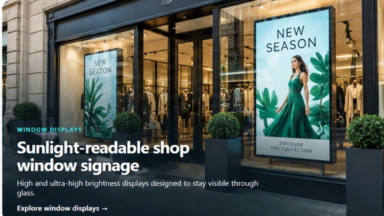 Sunlight-readable digital window displays in a retail storefront
