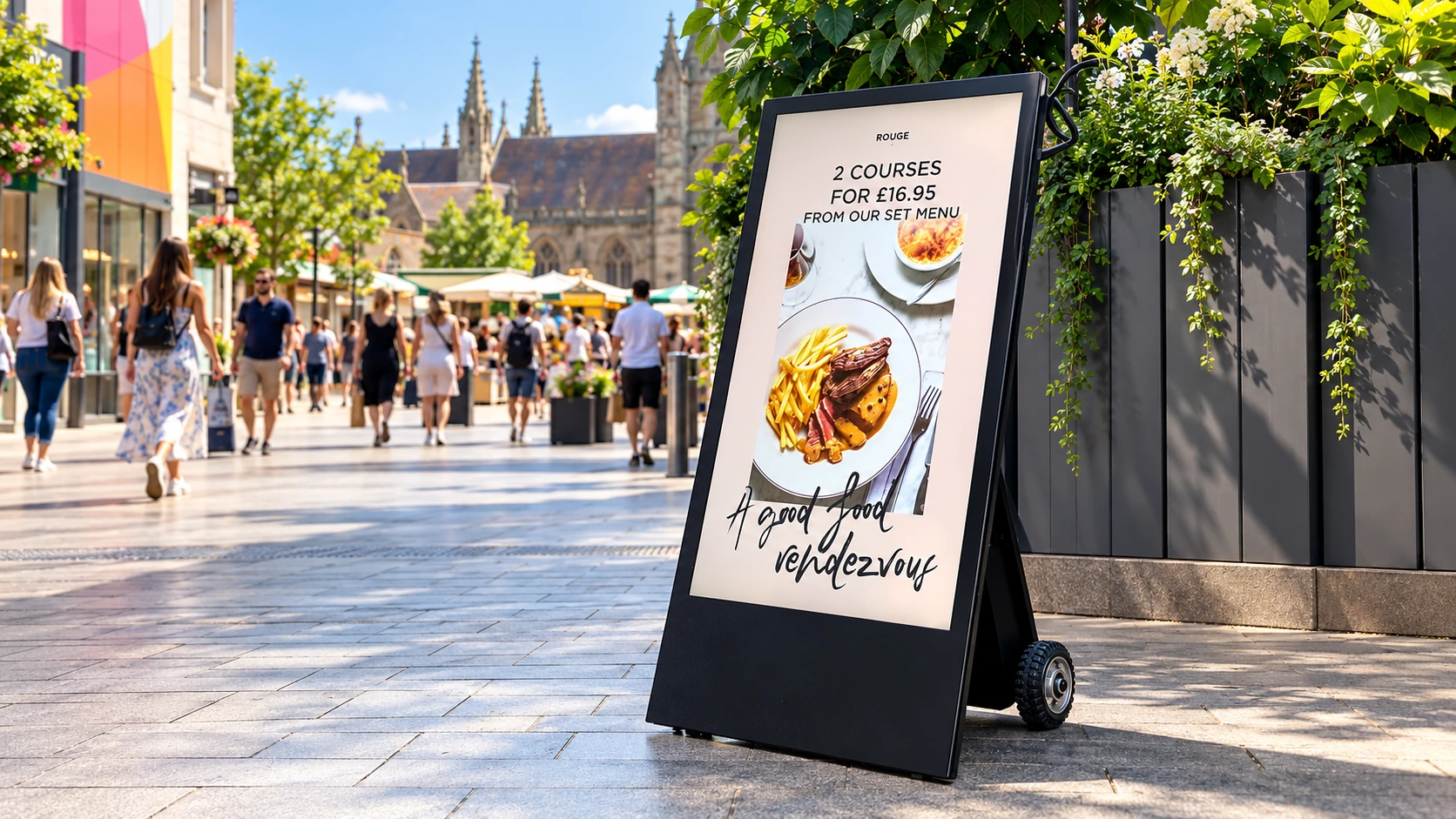 Battery-powered outdoor digital A-board on a paved street