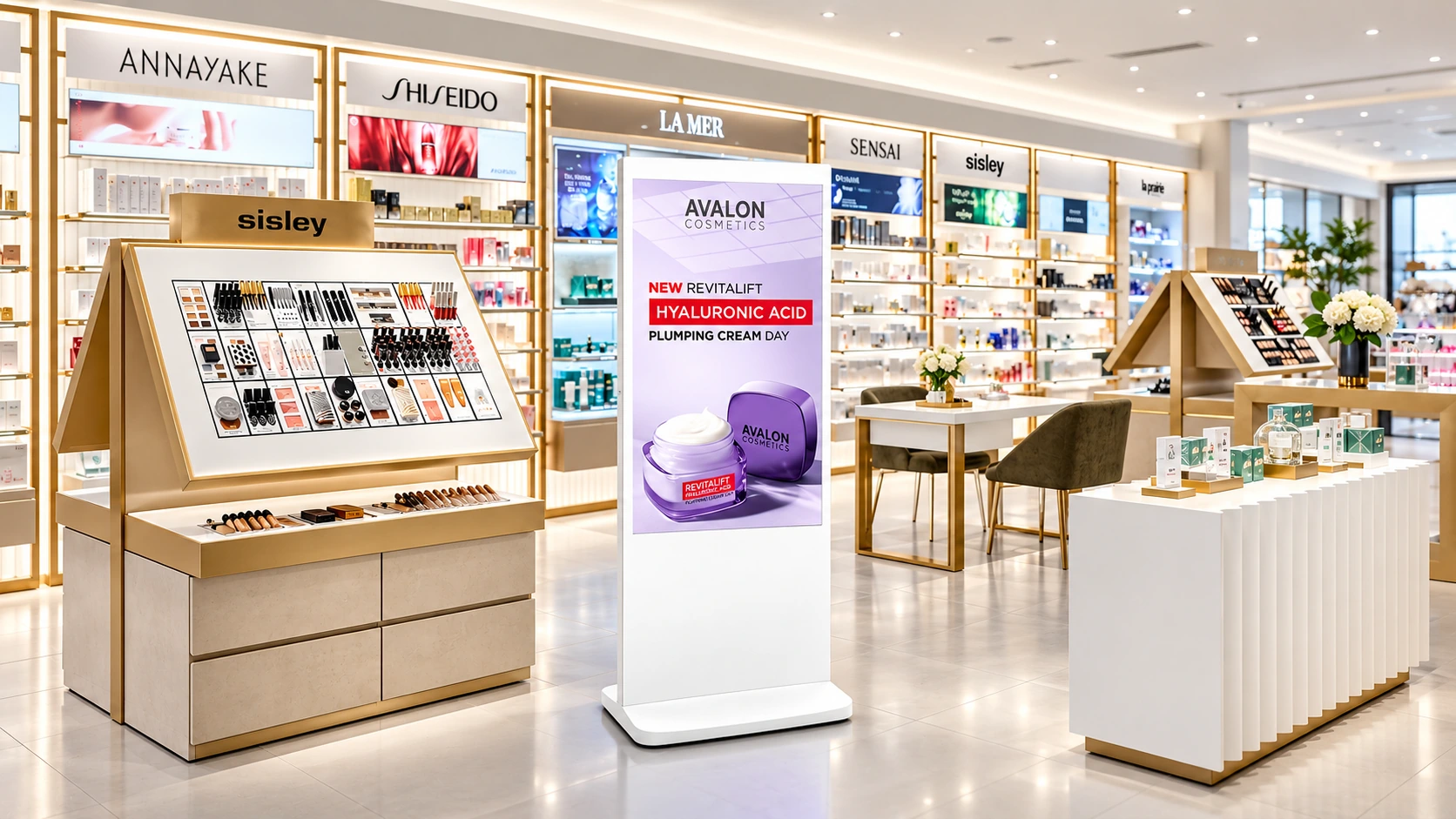 Freestanding digital poster beside a hotel reception desk
