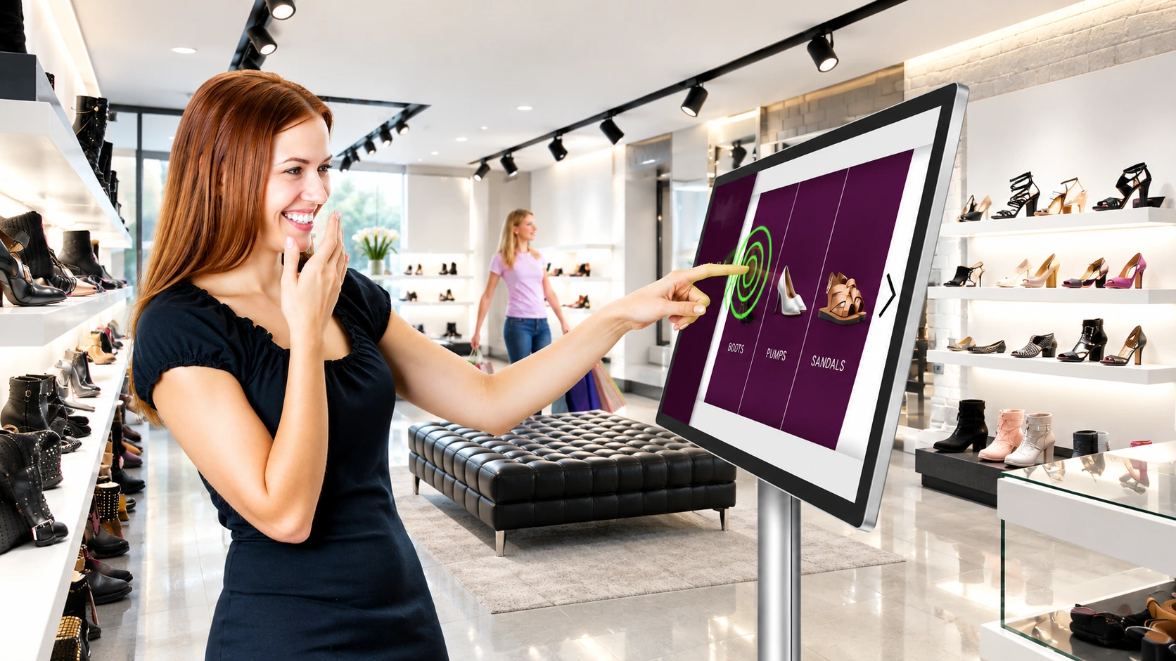 Customer using a wall-mounted interactive touch screen in a shoe shop